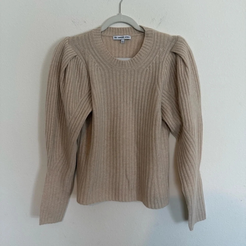 The Cashmere Project Cream Pullover Sweater Large Ribbed Crewneck Puff Sleeve - Picture 1 of 6